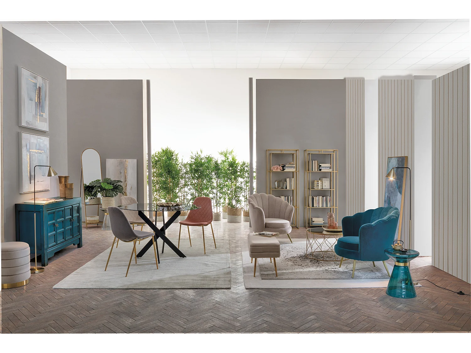 Banc coffre en velours sur pieds acier doré Pakia-Couleur Beige