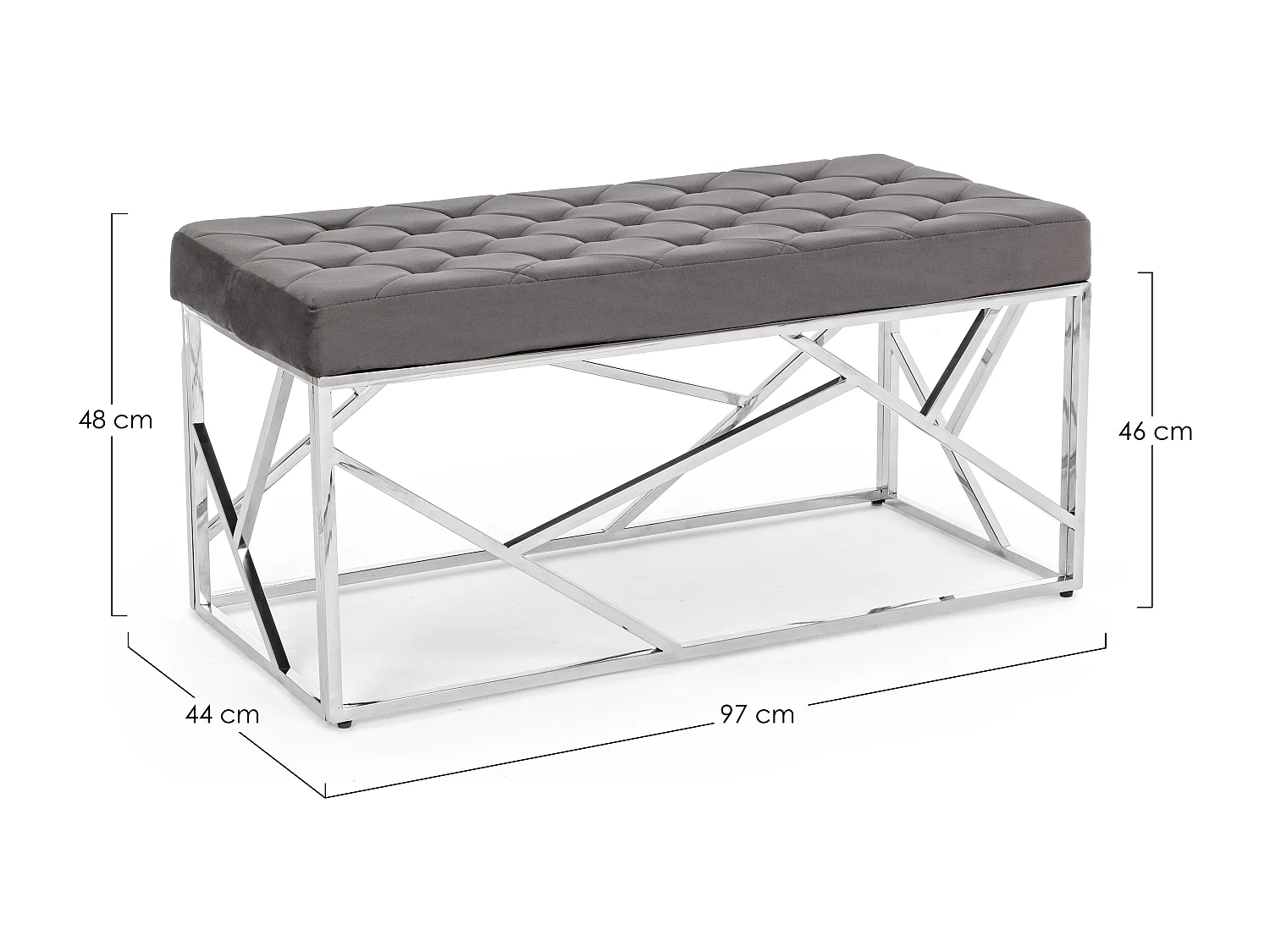 Banc en velours gris et pieds en acier inoxydable Rani L 97cm