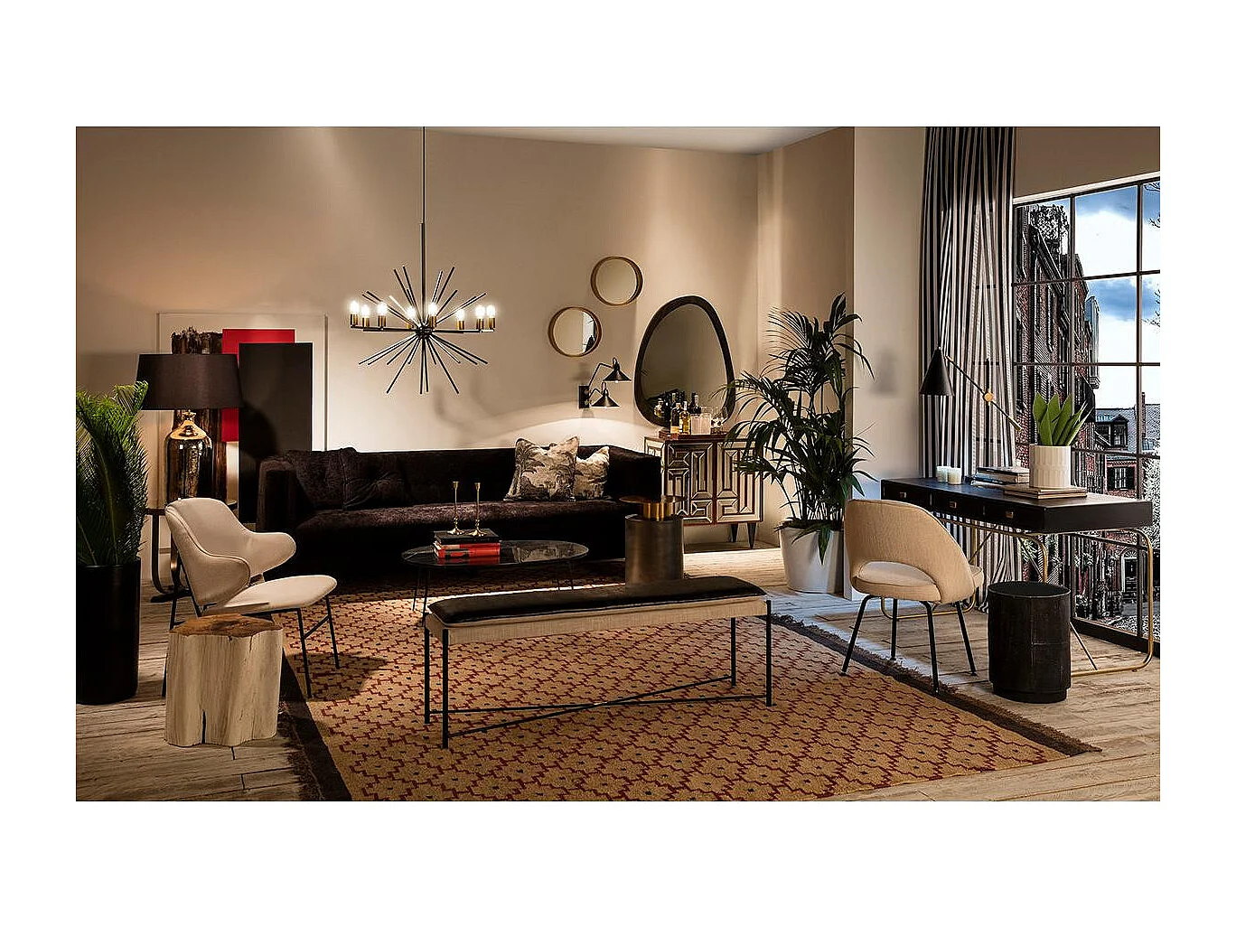 Banc tissu beige et simili cuir noir Carina