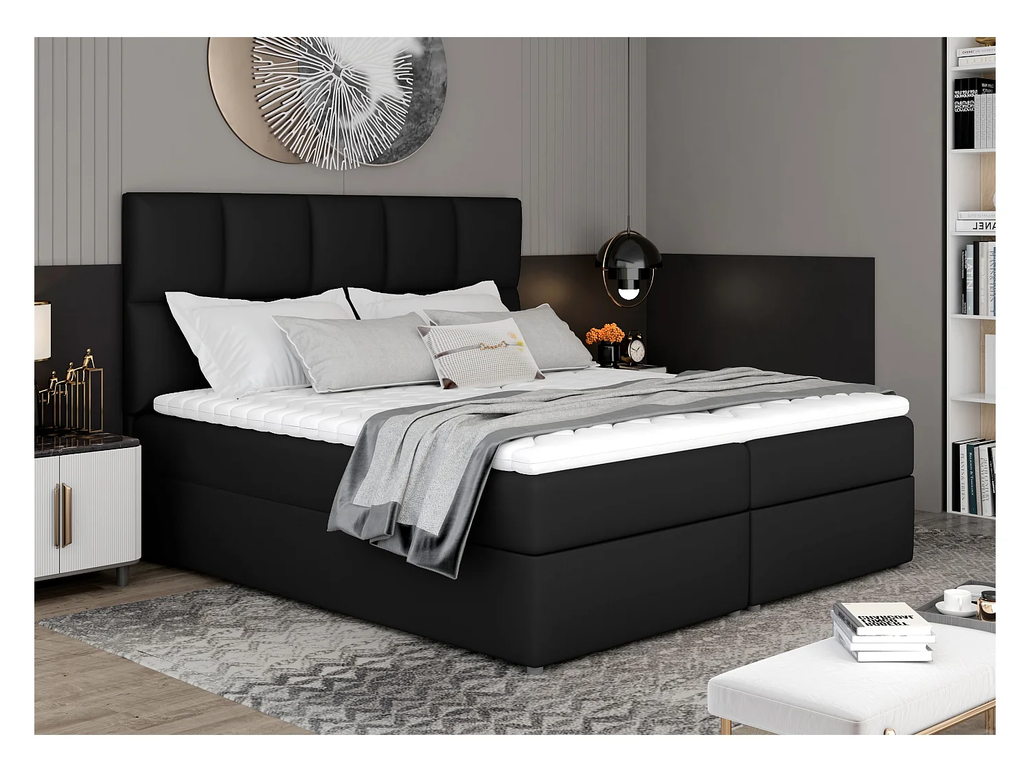 Lit boxspring simili cuir noir avec matelas et surmatelas Lizen-180x200