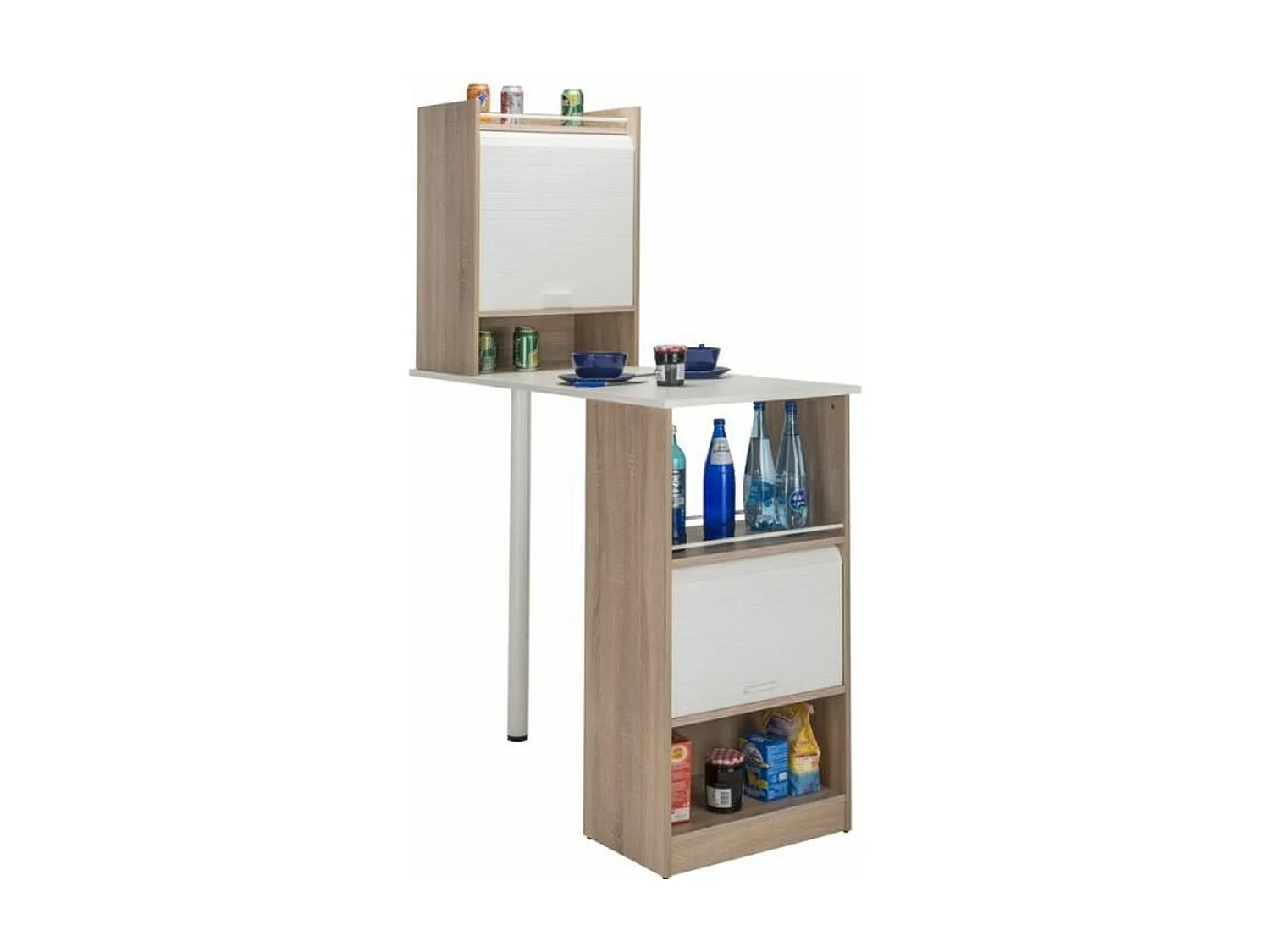 Table de cuisine et 2 meubles de rangement chêne naturel et blanc Lohan