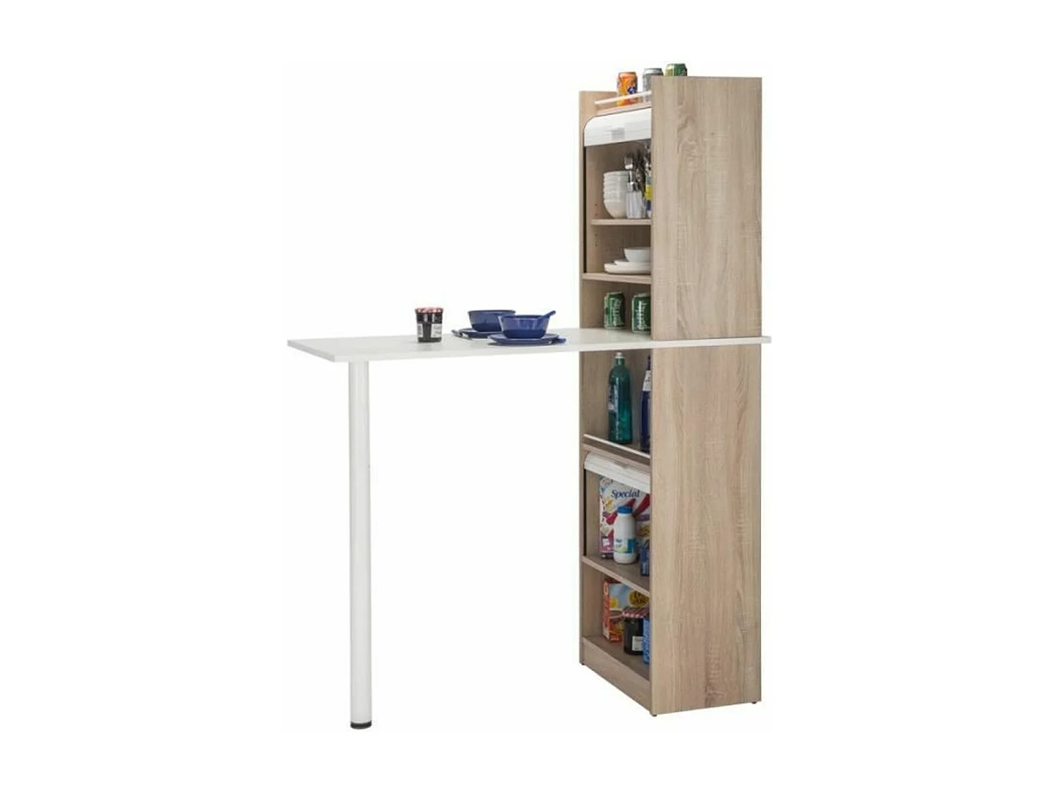 Table de cuisine et 2 meubles de rangement chêne naturel et blanc Lohan