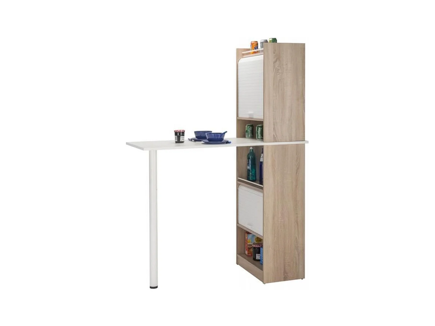 Table de cuisine et 2 meubles de rangement chêne naturel et blanc Lohan
