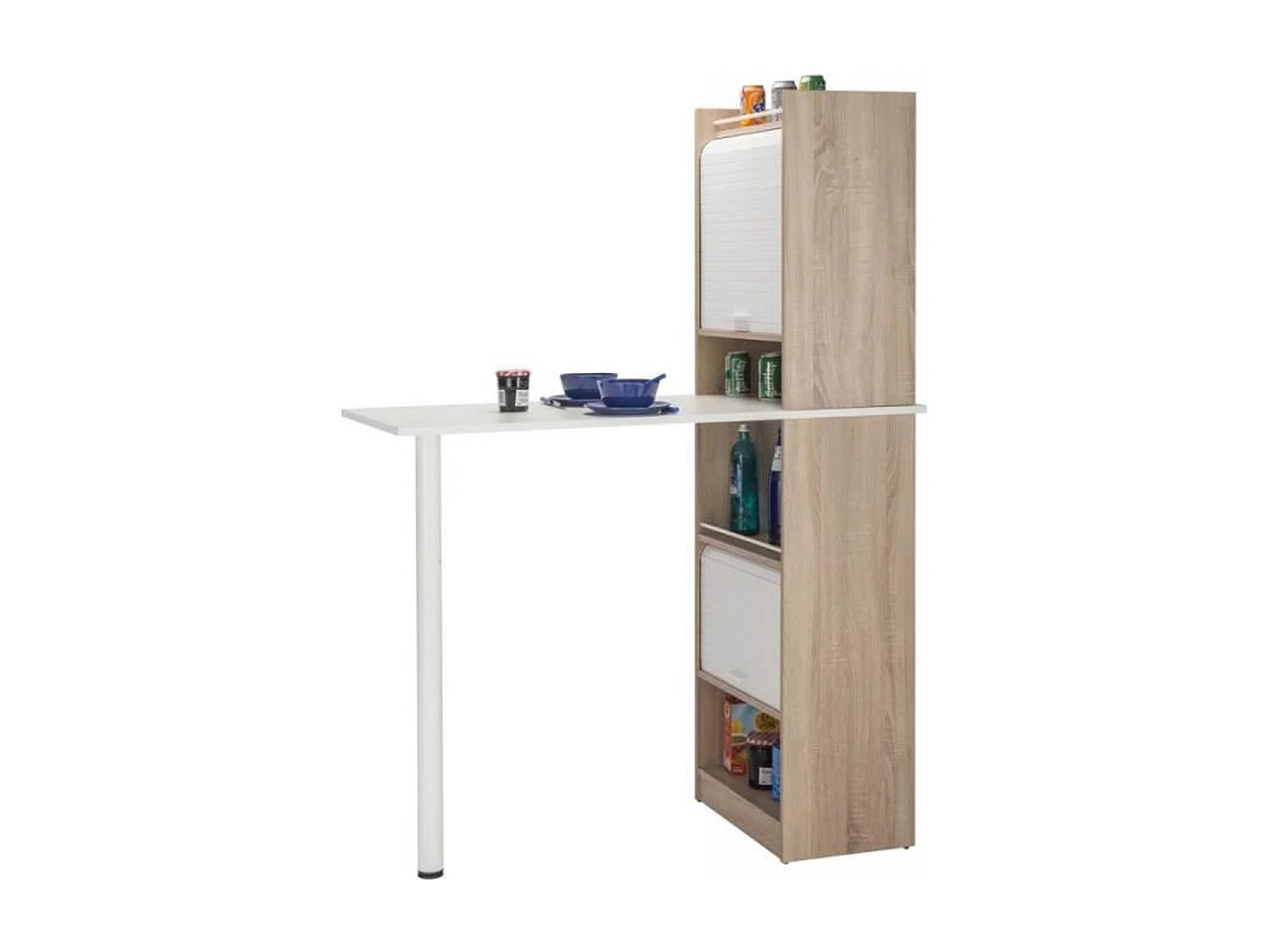 Table de cuisine et 2 meubles de rangement chêne naturel et blanc Lohan