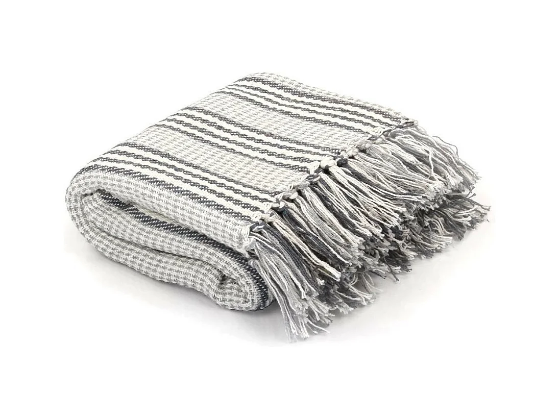 Couverture coton à rayures 160x210 Gris et Blanc
