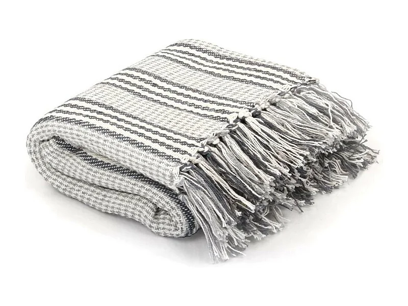 Couverture coton à rayures 160x210 Gris et Blanc