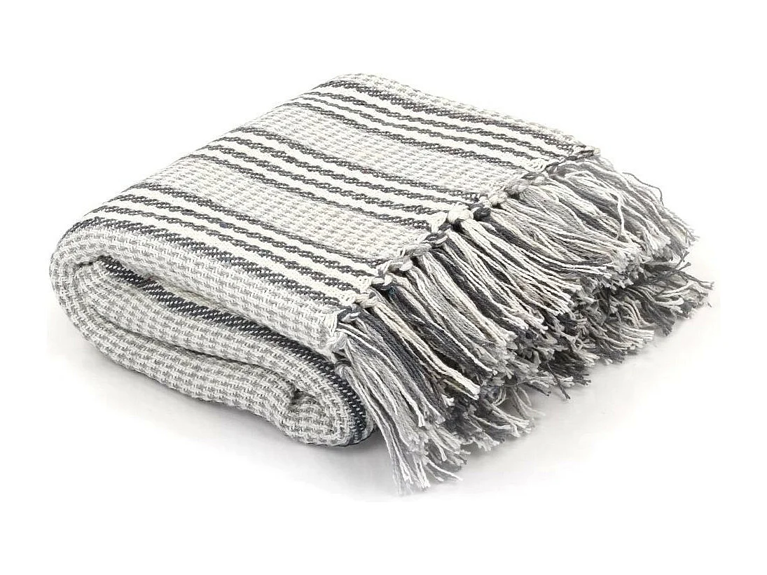 Couverture coton à rayures 220x250 Gris et Blanc