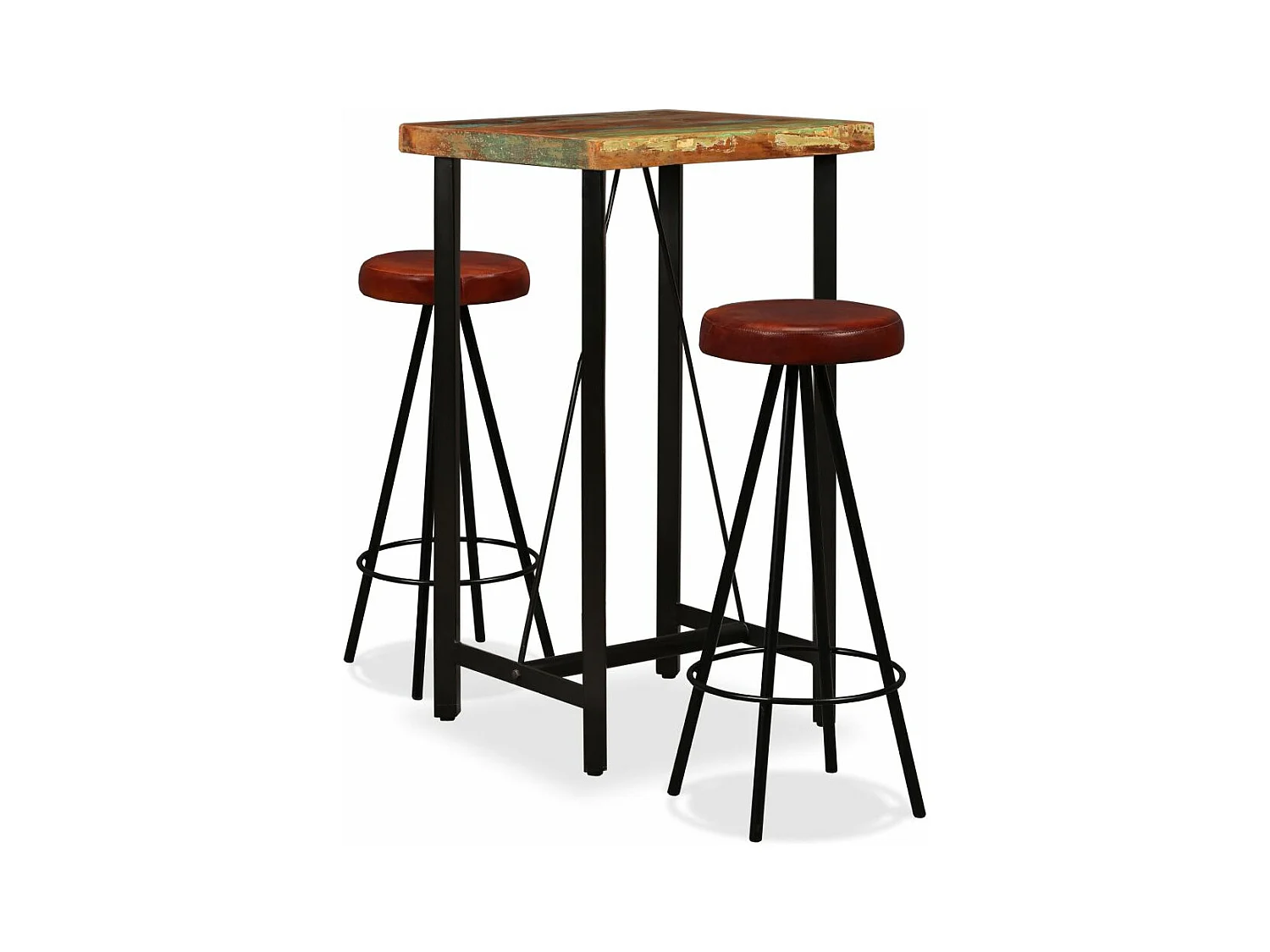 Ensemble de bar 3 pcs Bois massif recyclé et cuir véritable