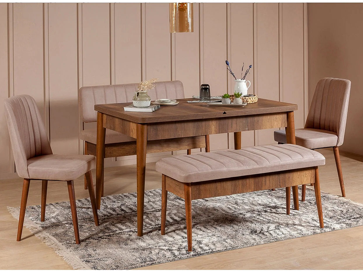 Ensemble table extensible 2 chaises et 2 bancs bois marron et tissu beige Mariva