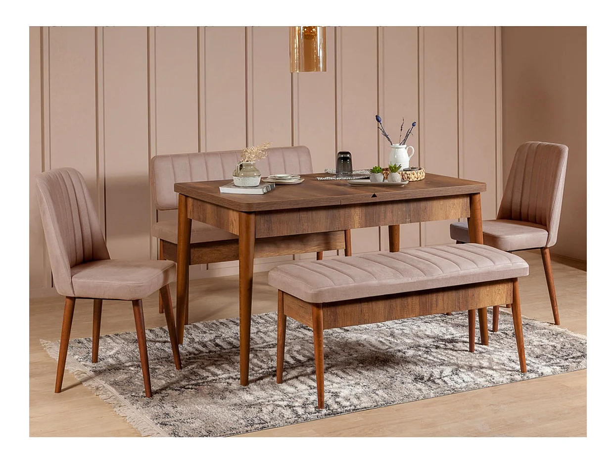 Ensemble table extensible 2 chaises et 2 bancs bois marron et tissu beige Mariva