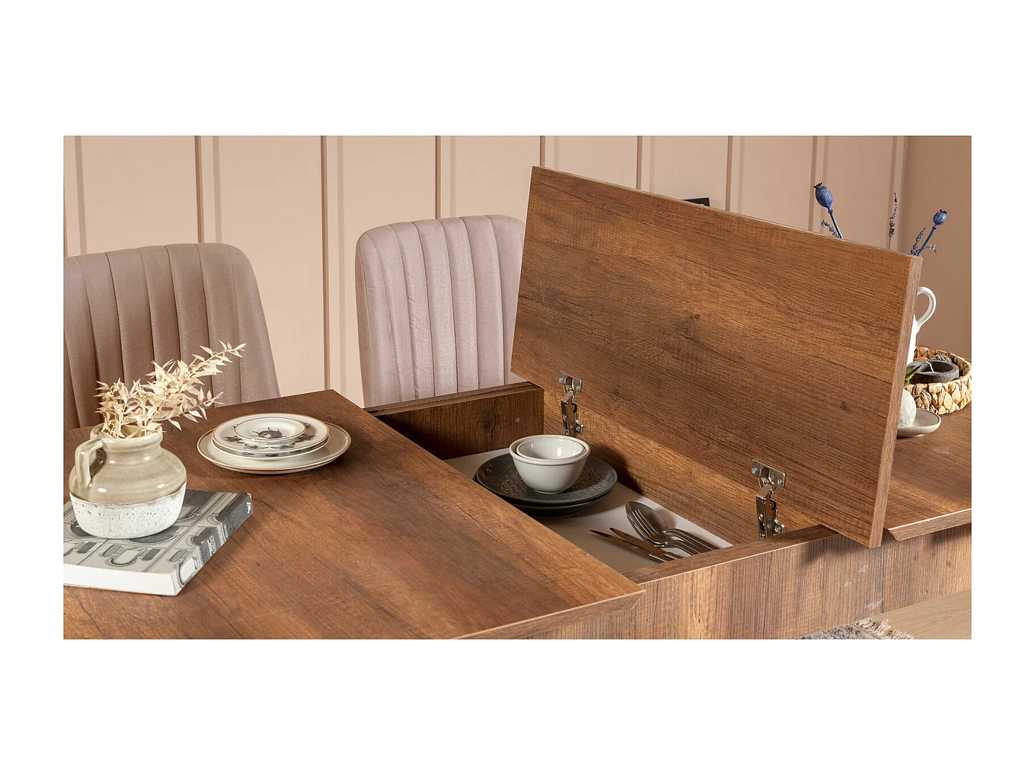 Ensemble table extensible 2 chaises et 2 bancs bois marron et tissu beige Mariva