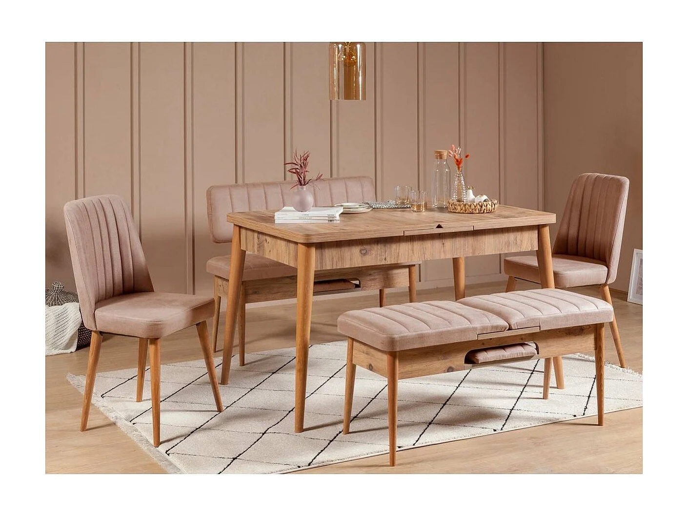 Ensemble table extensible 2 chaises et 2 bancs bois naturel et tissu beige Mariva