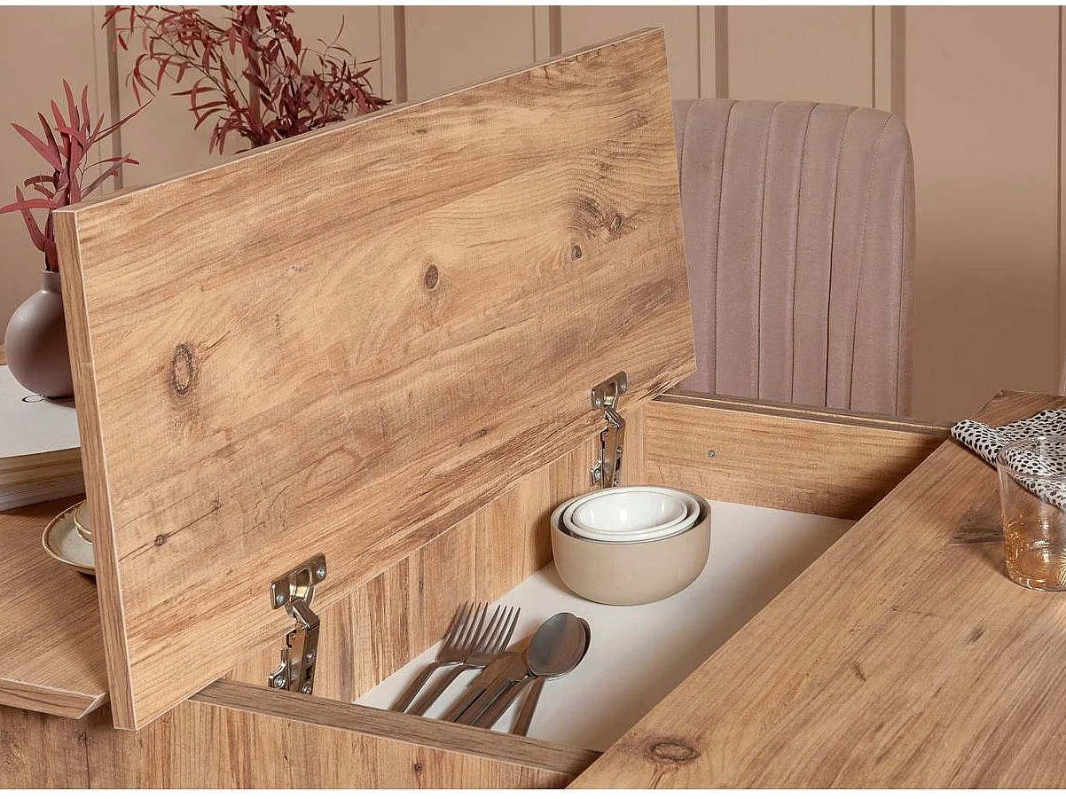 Ensemble table extensible 2 chaises et 2 bancs bois naturel et tissu beige Mariva