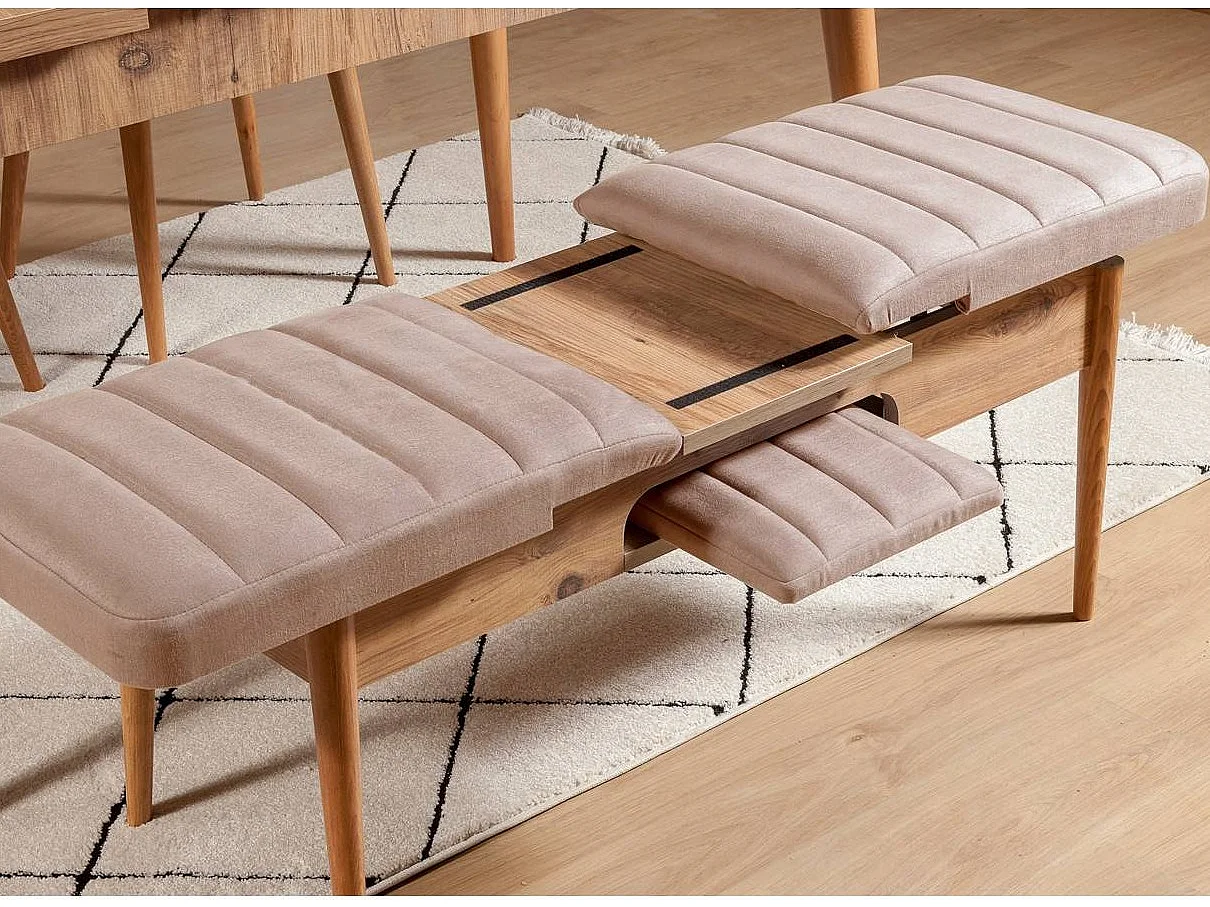 Ensemble table extensible 2 chaises et 2 bancs bois naturel et tissu beige Mariva