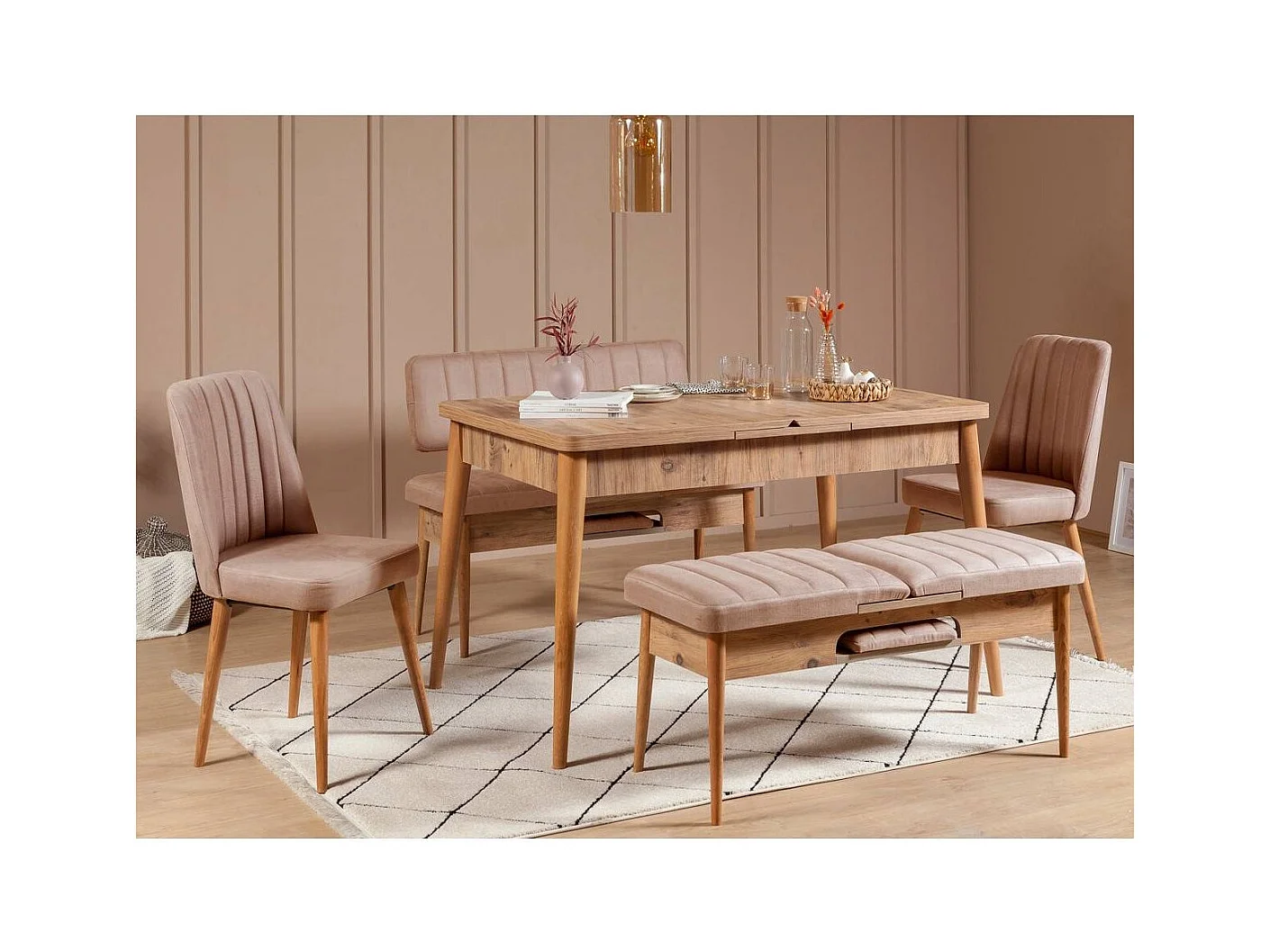 Ensemble table extensible 2 chaises et 2 bancs bois naturel et tissu beige Mariva