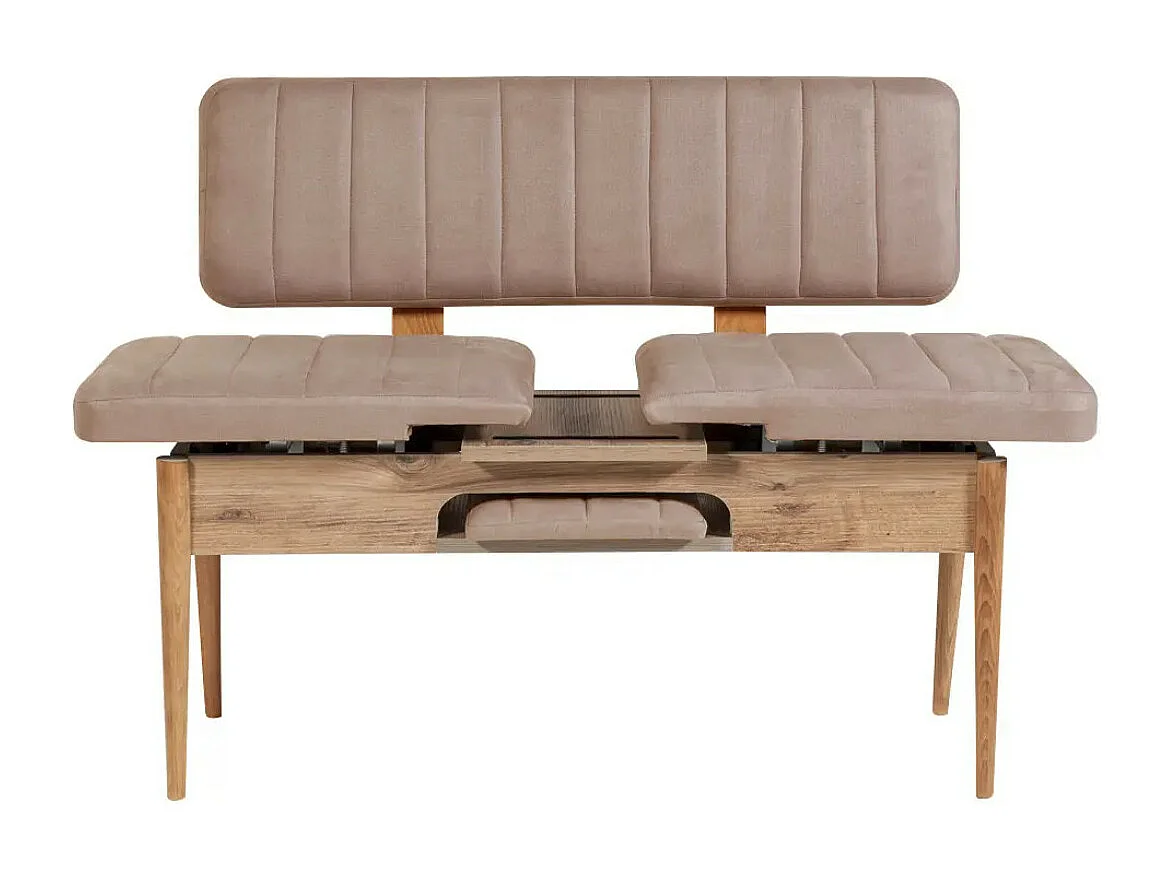 Ensemble table extensible 2 chaises et 2 bancs bois naturel et tissu beige Mariva