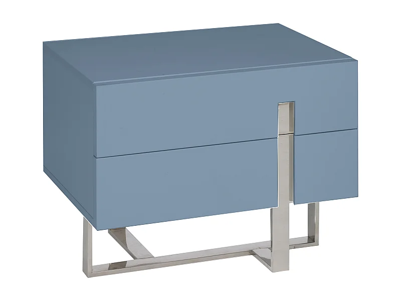 Chevet design bois laqué bleu et pieds acier chromé Dezina