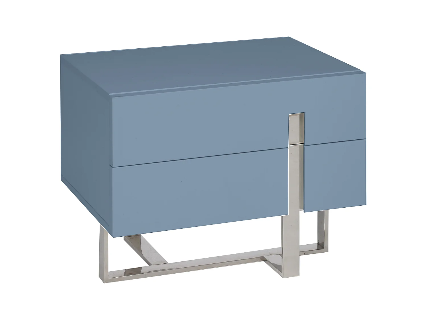 Chevet design bois laqué bleu et pieds acier chromé Dezina