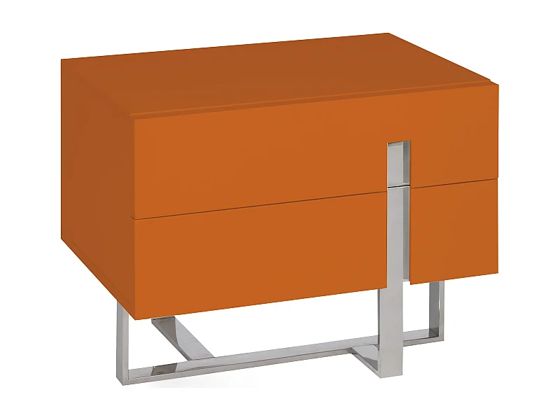 Chevet design bois laqué orange et pieds acier chromé Dezina