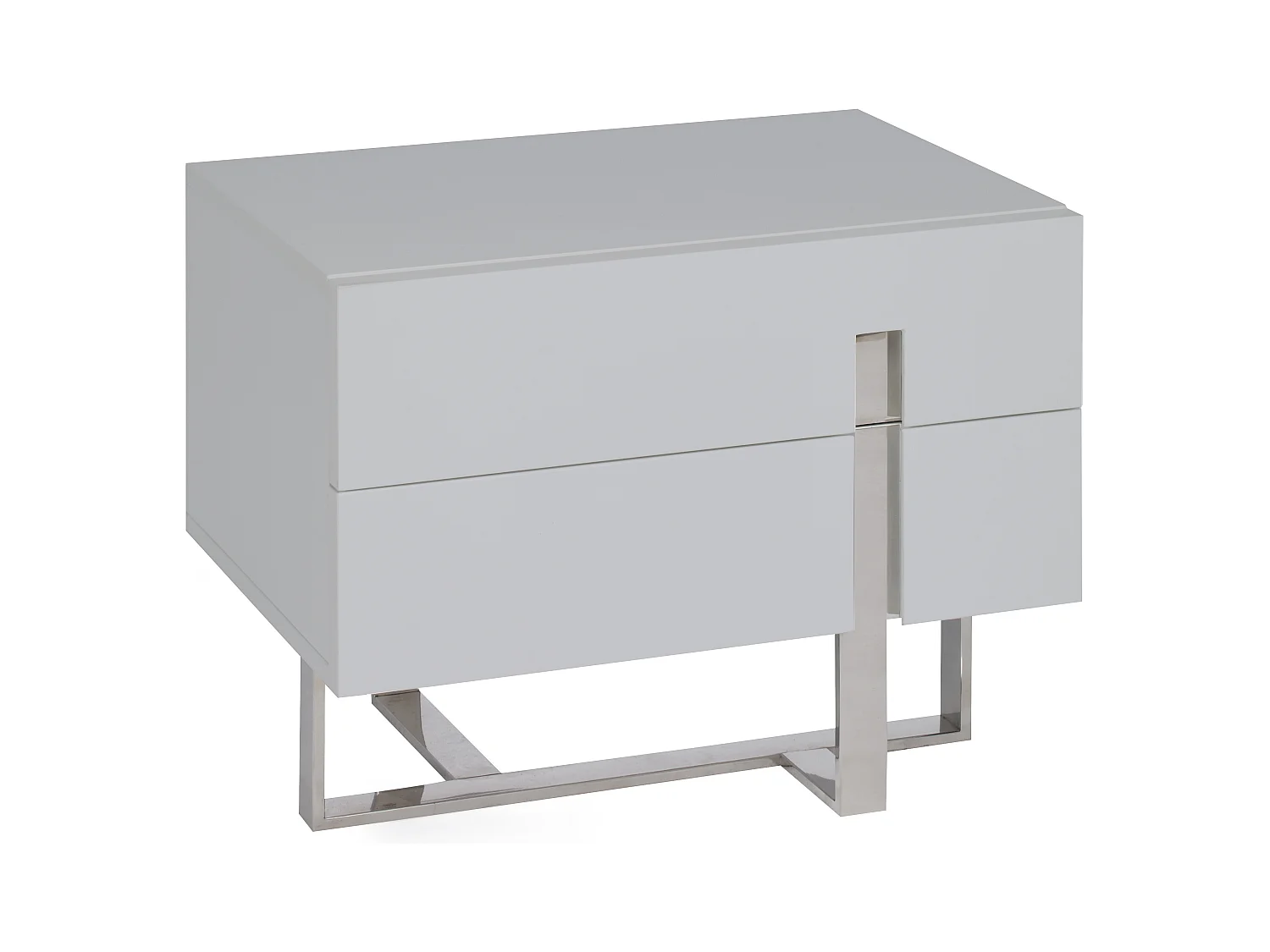 Chevet design bois laqué gris clair et pieds acier chromé Dezina