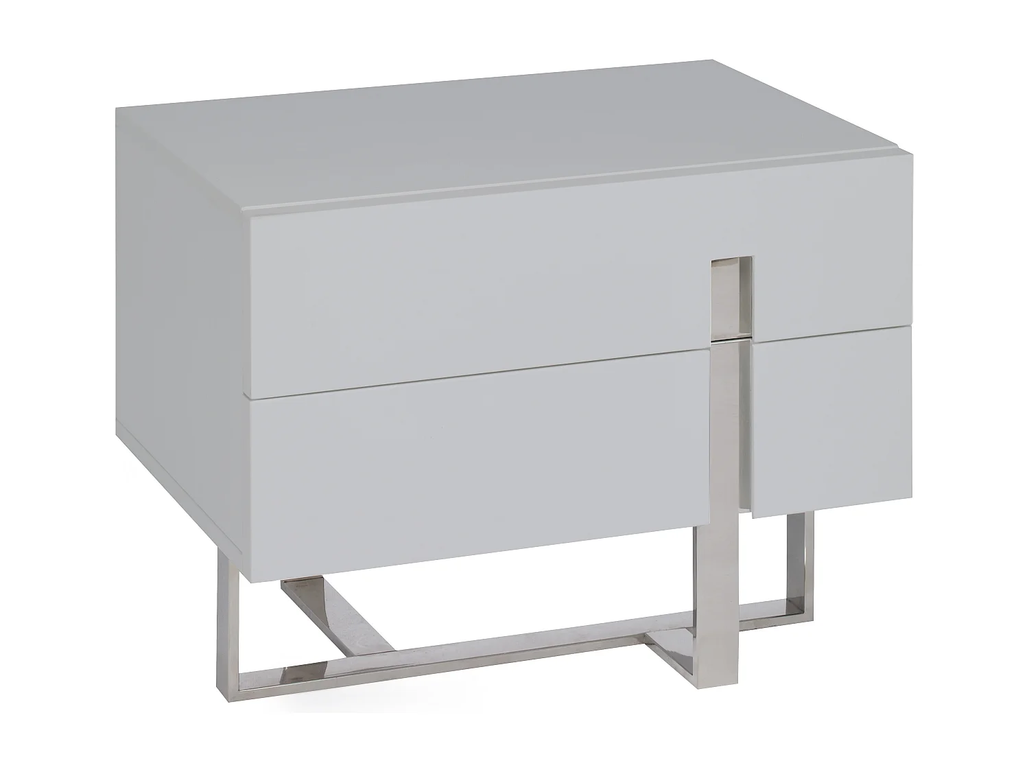 Chevet design bois laqué gris clair et pieds acier chromé Dezina