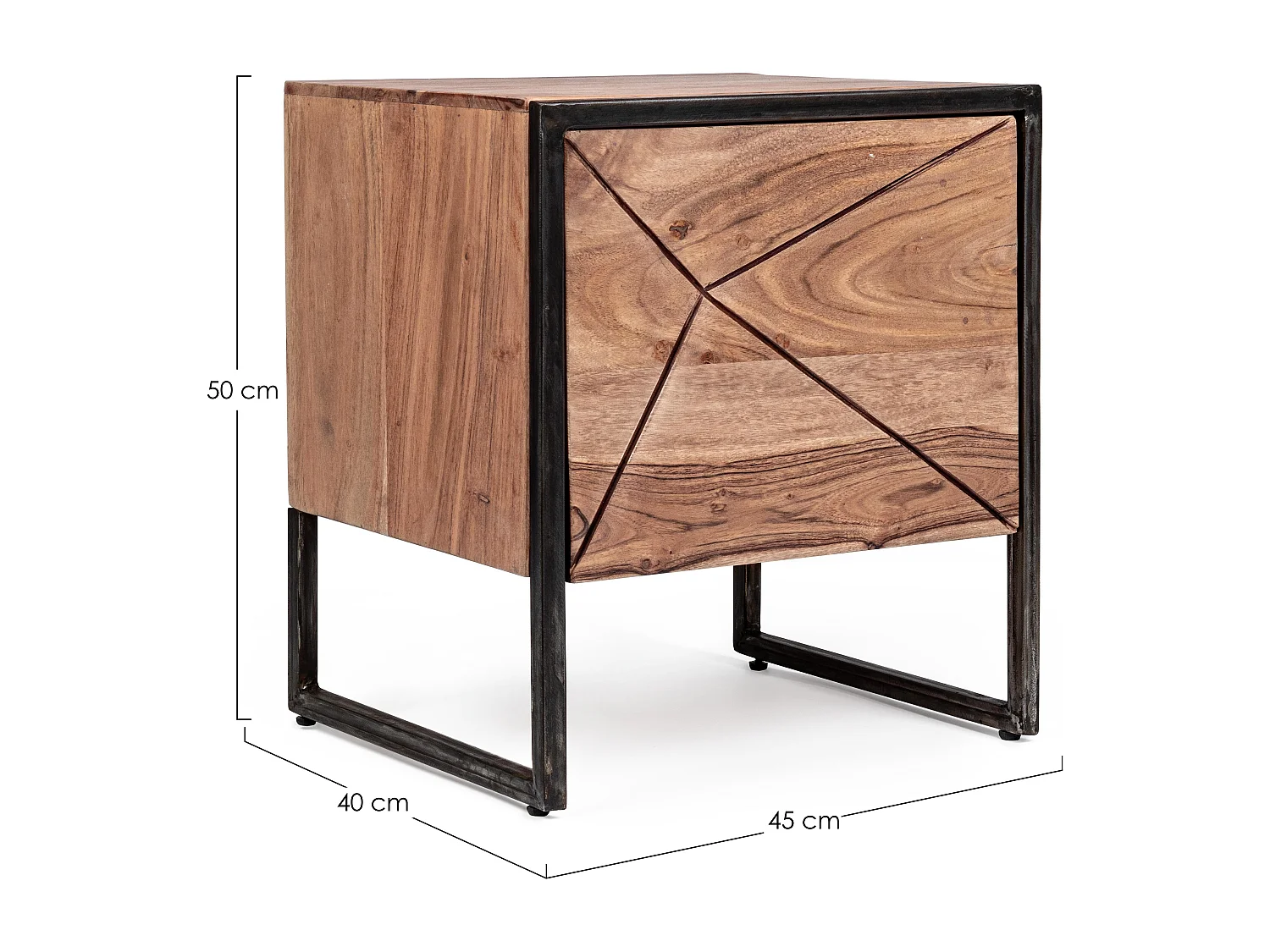 Chevet 1 porte en bois clair d'acacia vernis mat et acier noir Makune 45cm