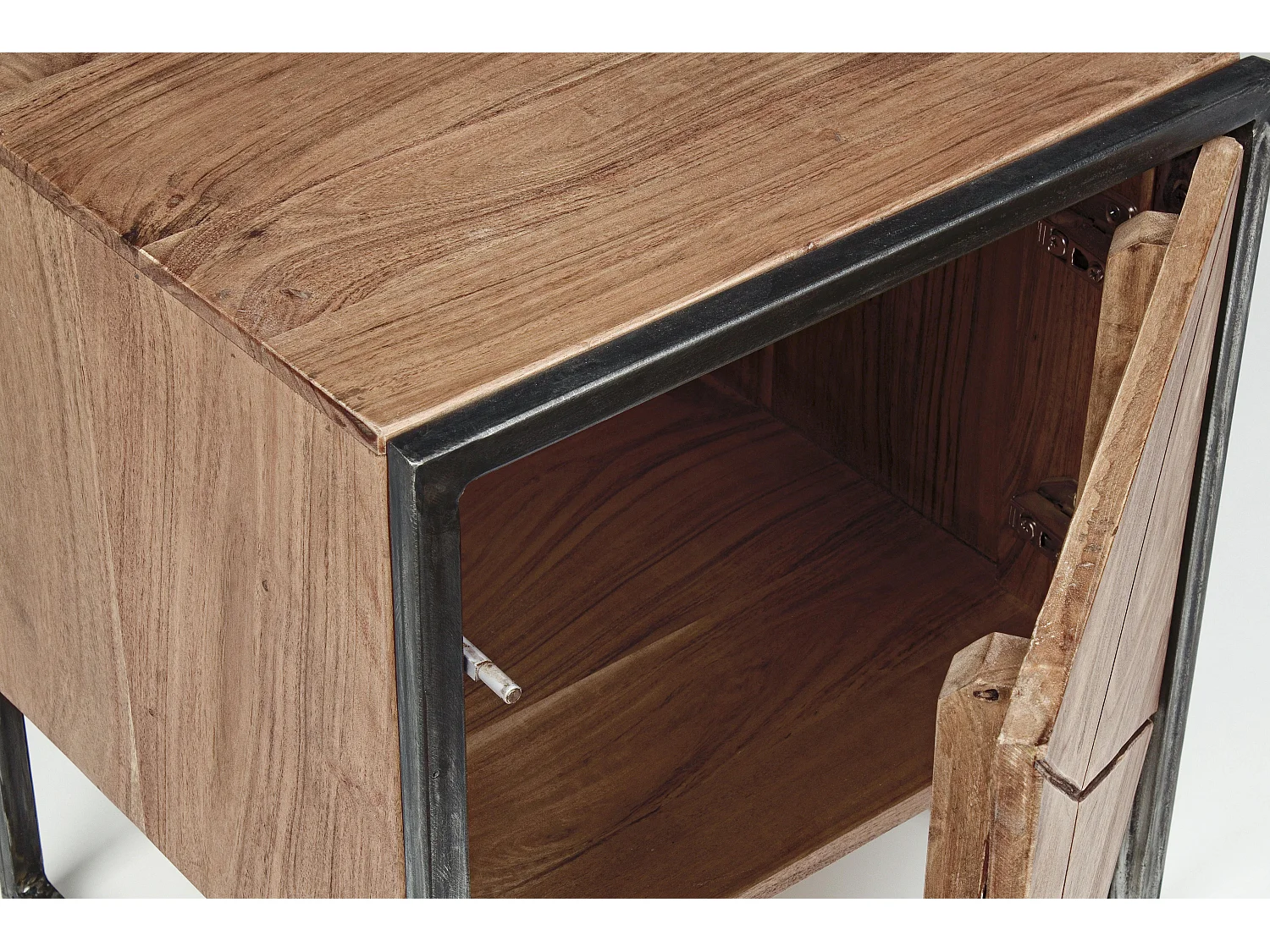 Chevet 1 porte en bois clair d'acacia vernis mat et acier noir Makune 45cm