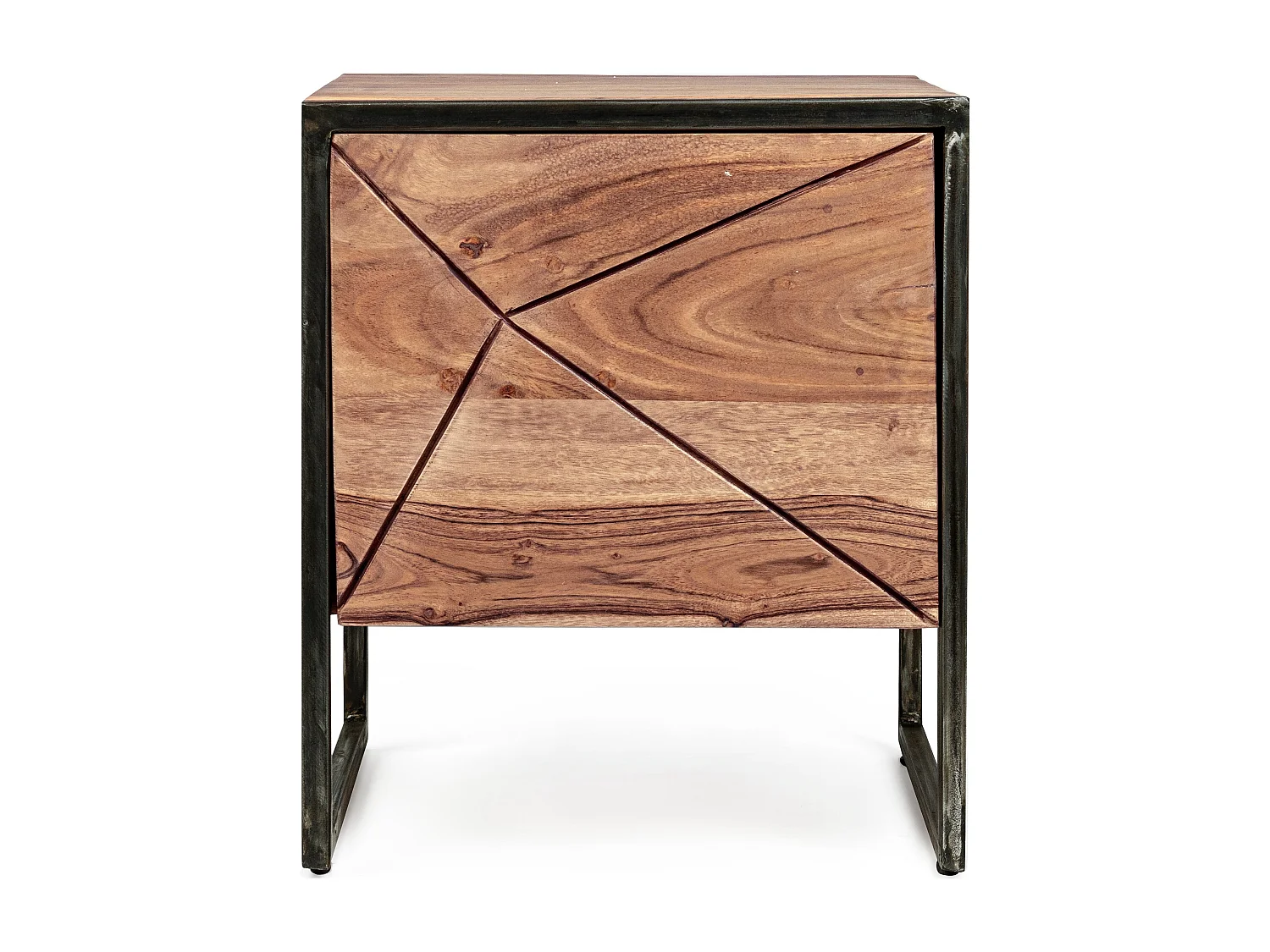 Chevet 1 porte en bois clair d'acacia vernis mat et acier noir Makune 45cm