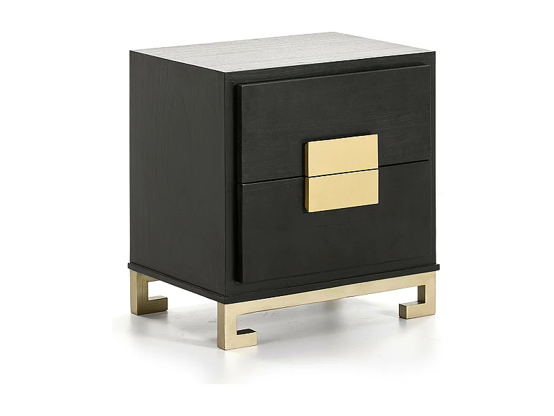Table de chevet 2 tiroirs bois noir et doré Hope