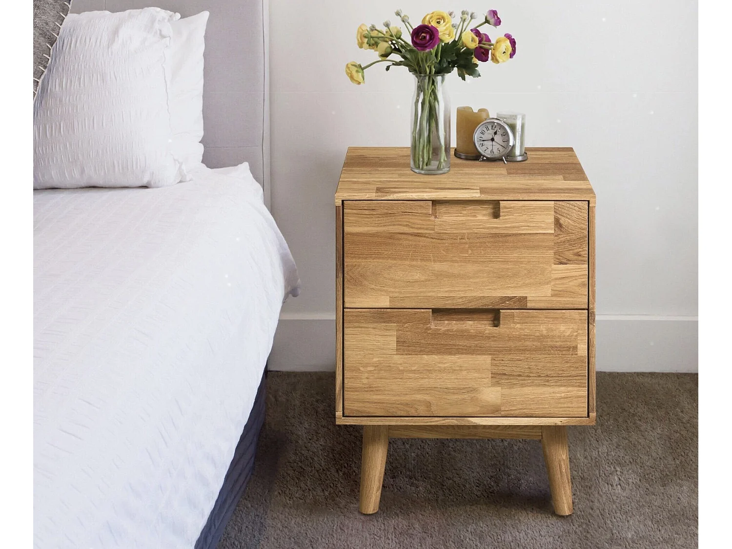 Chevet 2 tiroirs en bois de chêne massif Kundy