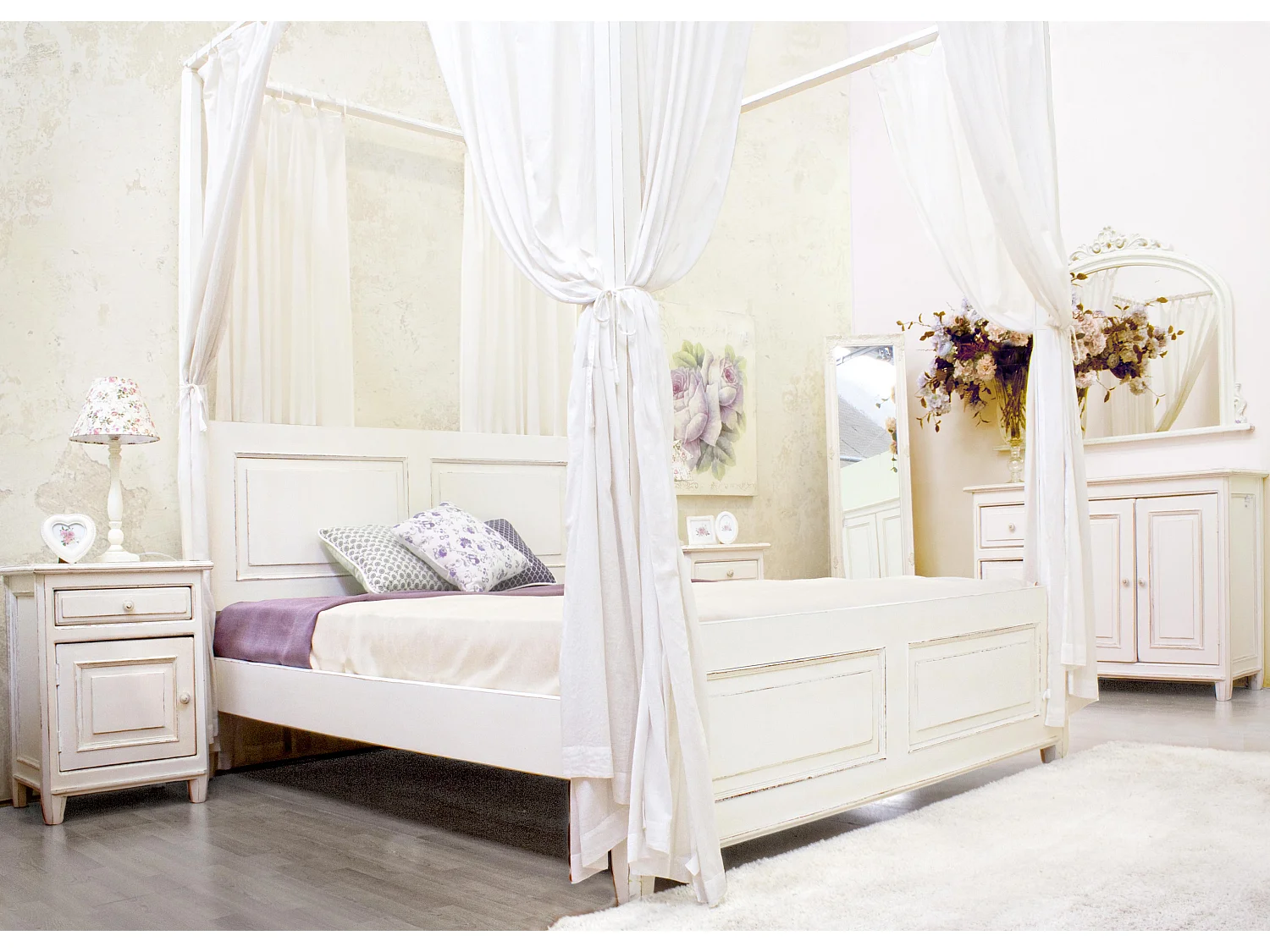 Chevet côté gauche 1 porte en bois de manguier blanc patiné Kolita 50cm