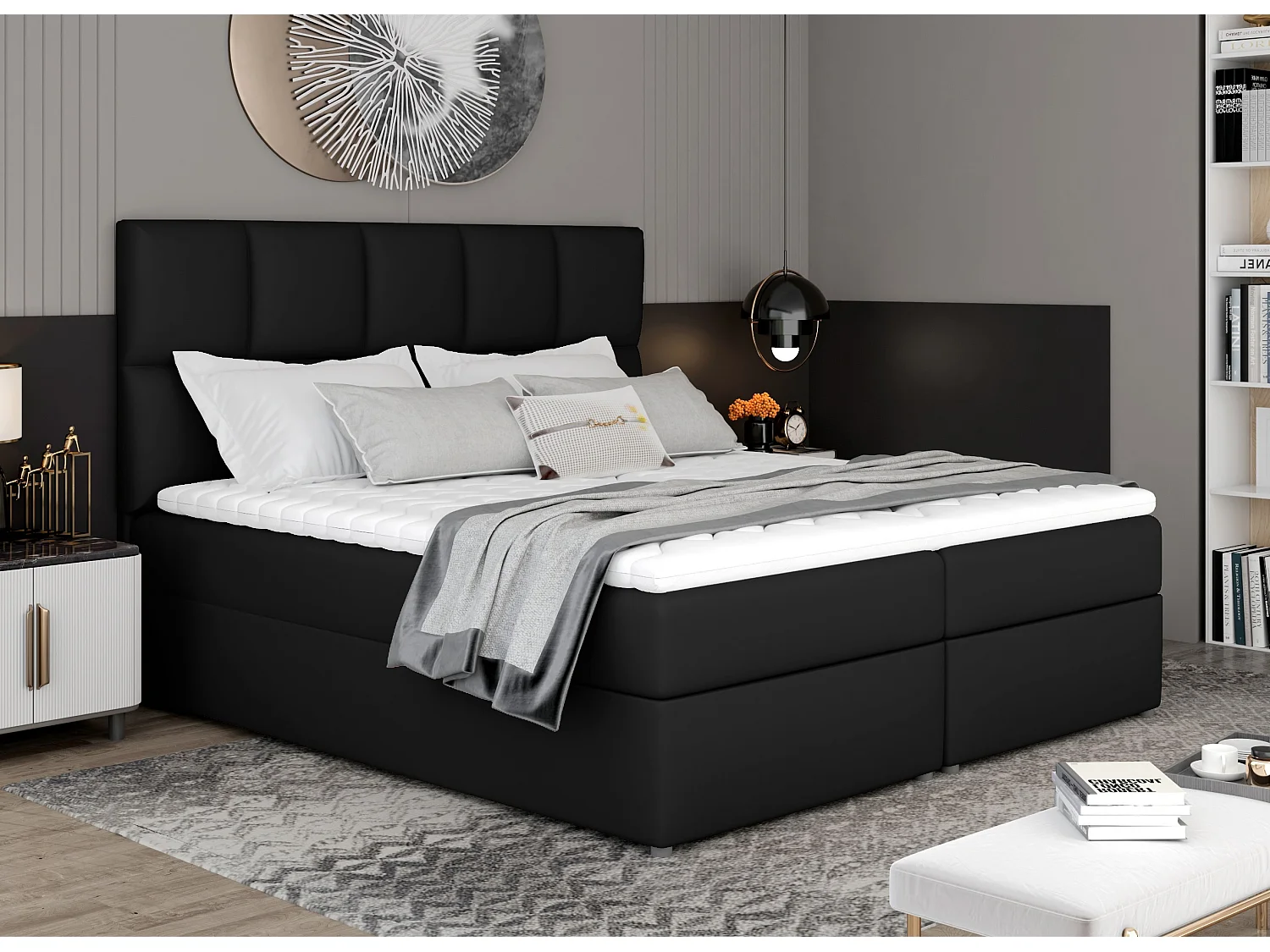 Lit boxspring simili cuir noir avec matelas et surmatelas Lizen-160x200