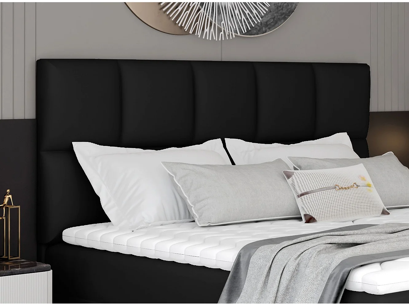 Lit boxspring simili cuir noir avec matelas et surmatelas Lizen-160x200