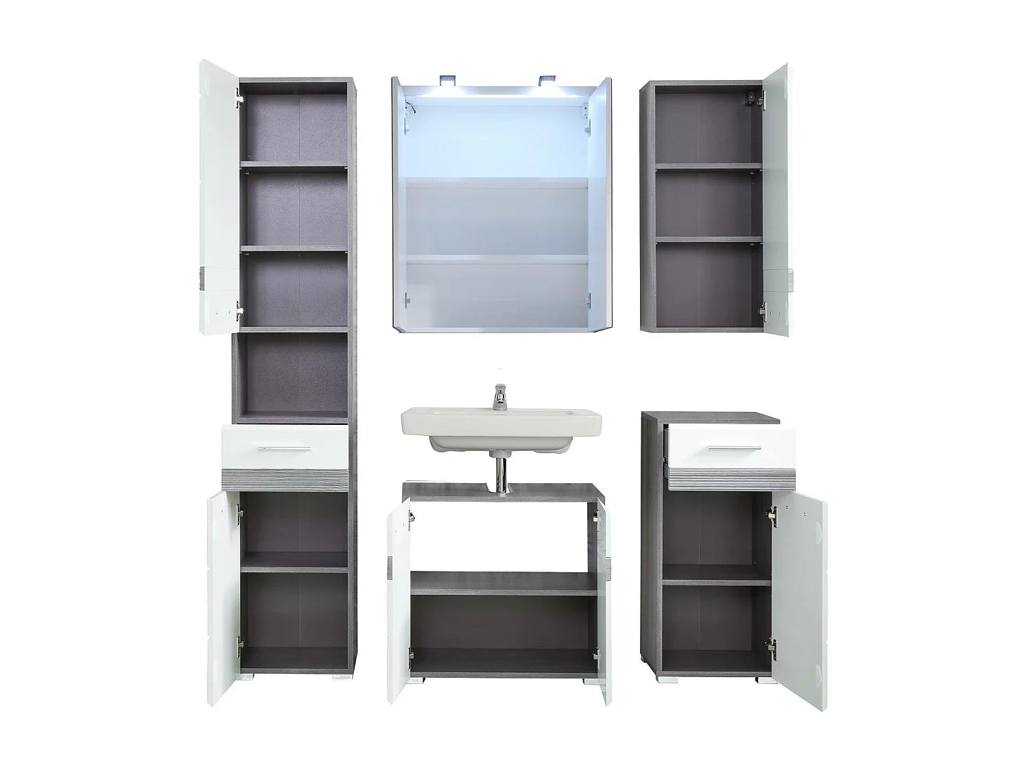 Colonne salle de bain 2 portes 1 tiroir blanc brillant et chêne gris Varok 37cm