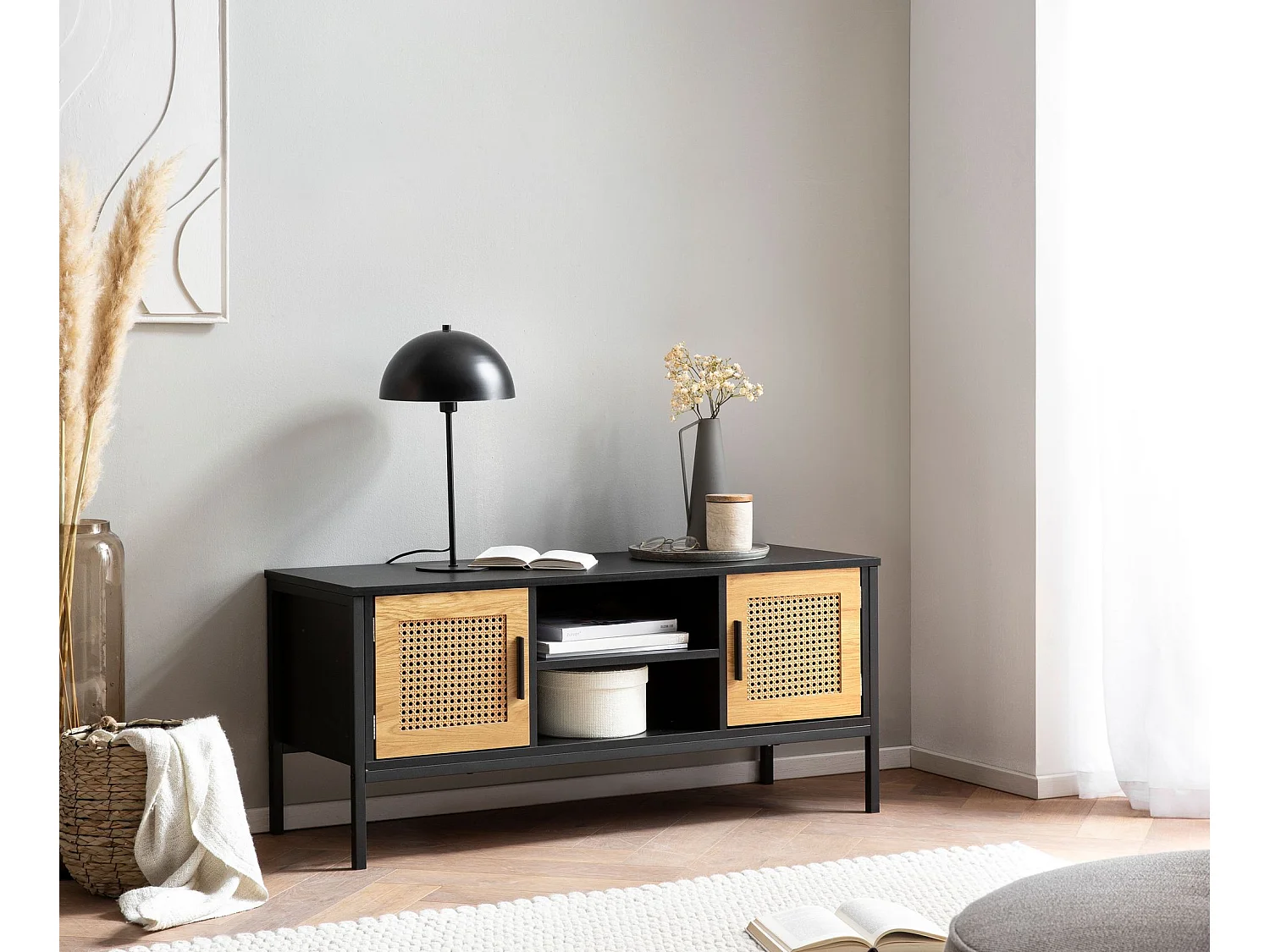 Meuble TV 110 cm Noir Aspect Chêne Lowboard Rotin Panneau de Télévision