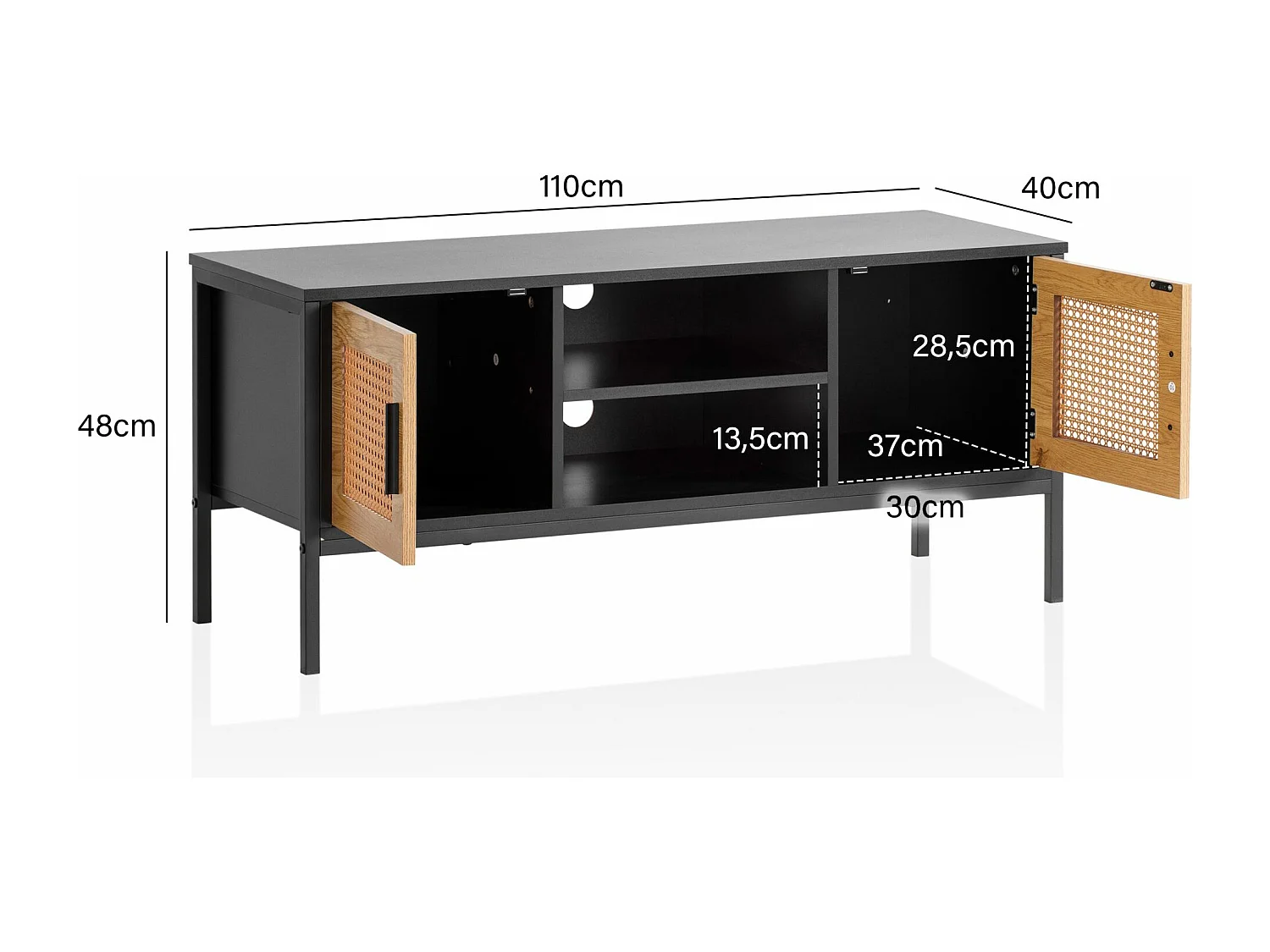 Meuble TV 110 cm Noir Aspect Chêne Lowboard Rotin Panneau de Télévision