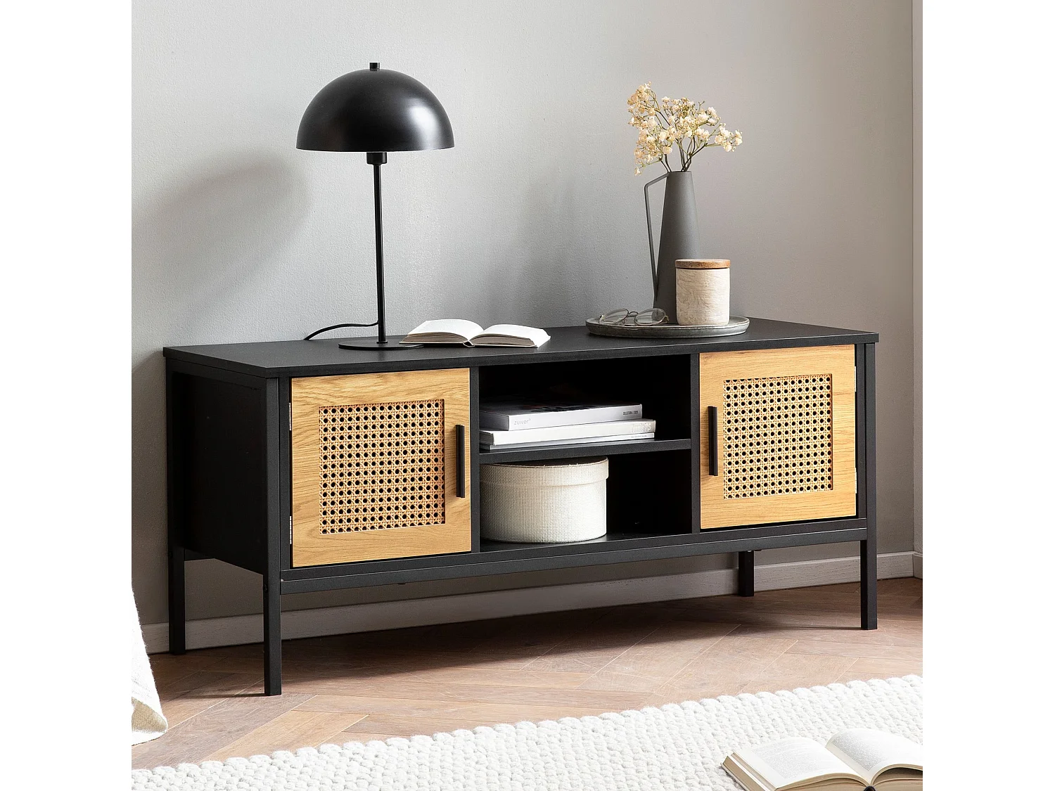 Meuble TV 110 cm Noir Aspect Chêne Lowboard Rotin Panneau de Télévision