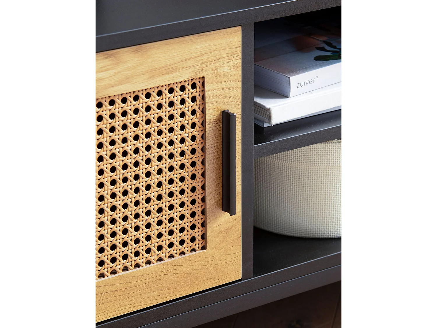 Meuble TV 110 cm Noir Aspect Chêne Lowboard Rotin Panneau de Télévision