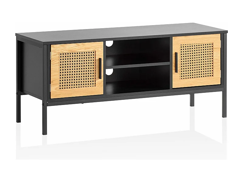 Meuble TV 110 cm Noir Aspect Chêne Lowboard Rotin Panneau de Télévision