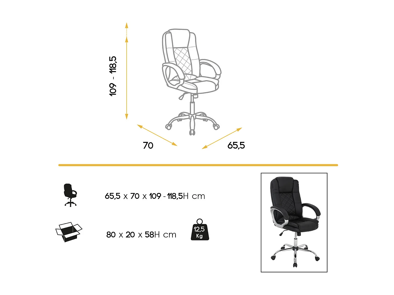 Fauteuil de bureau simili cuir noir Alberto