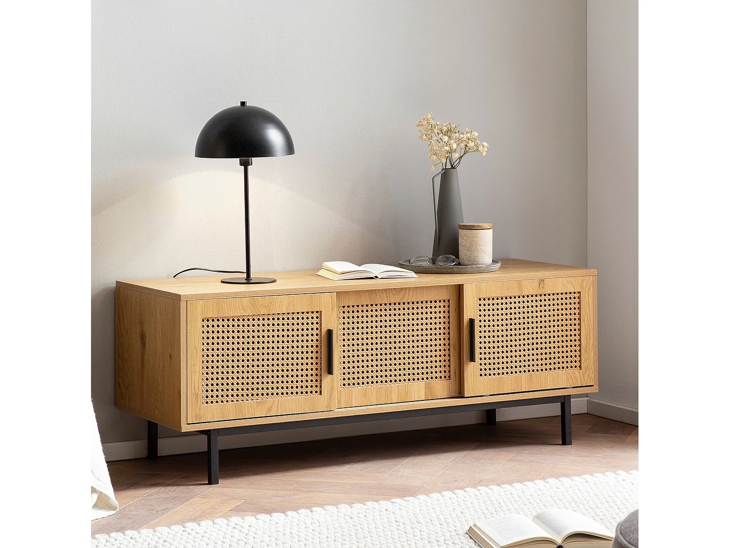 Meuble TV 120 cm Aspect Chêne Lowboard Rotin Panneau de Télévision