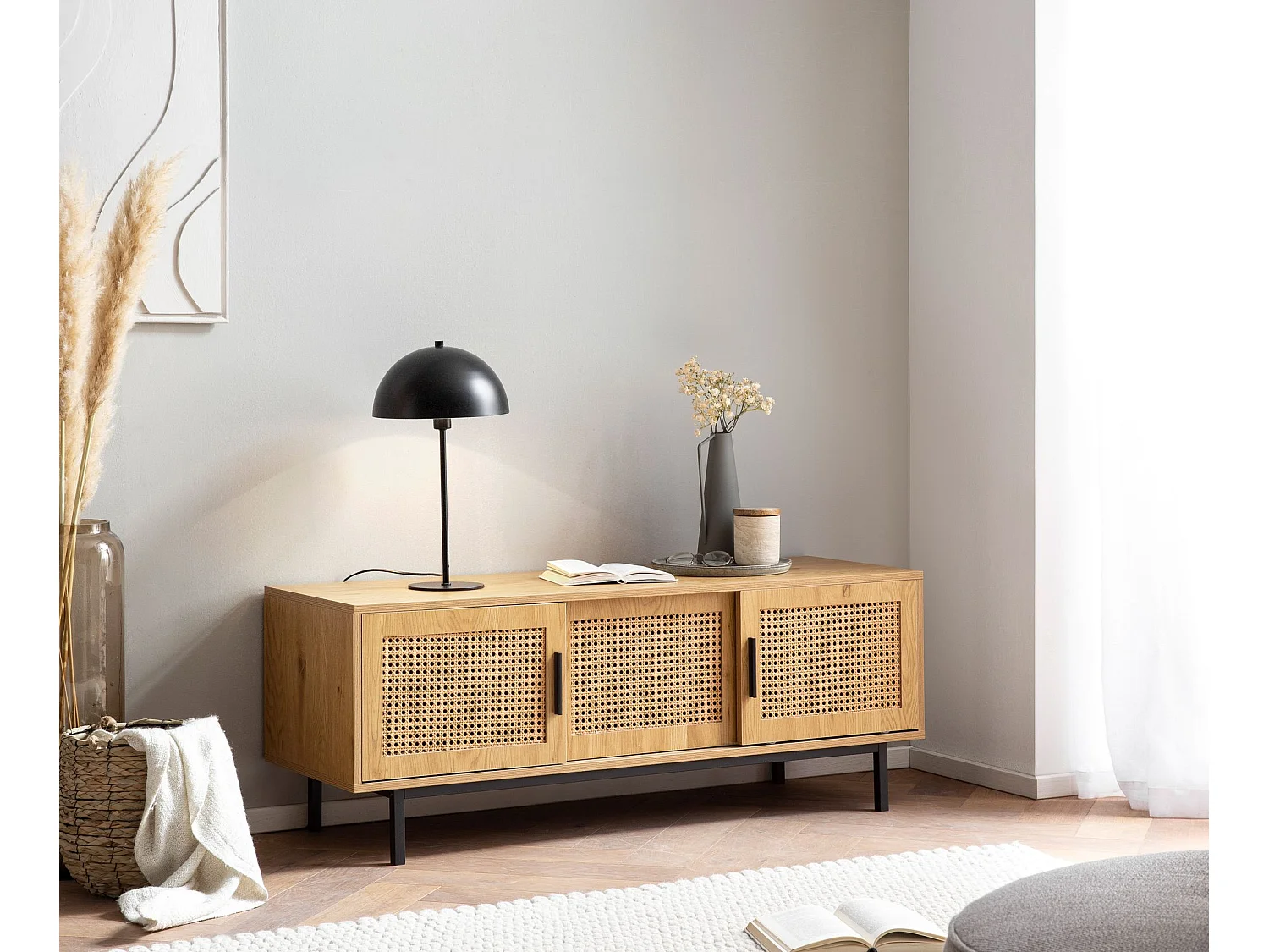 Meuble TV 120 cm Aspect Chêne Lowboard Rotin Panneau de Télévision