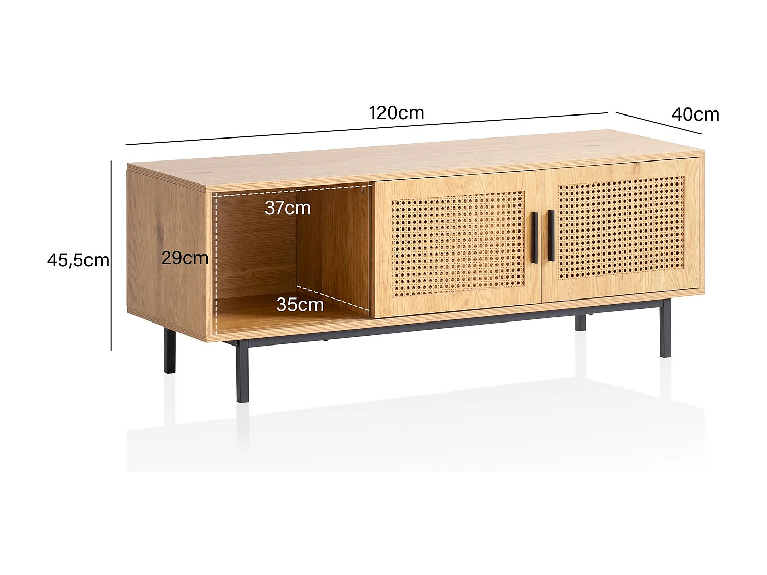 Meuble TV 120 cm Aspect Chêne Lowboard Rotin Panneau de Télévision