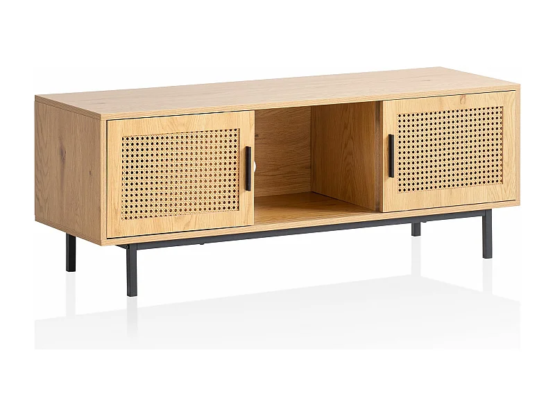 Meuble TV 120 cm Aspect Chêne Lowboard Rotin Panneau de Télévision