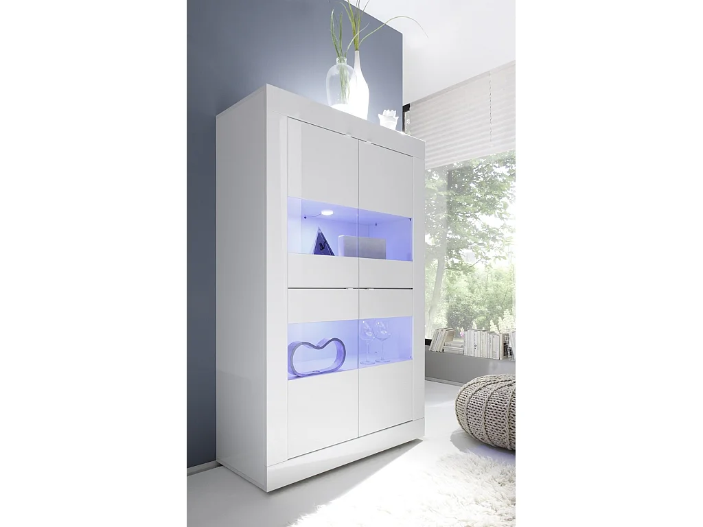 Vitrine à LED 4 portes bois laqué blanc brillant Assic