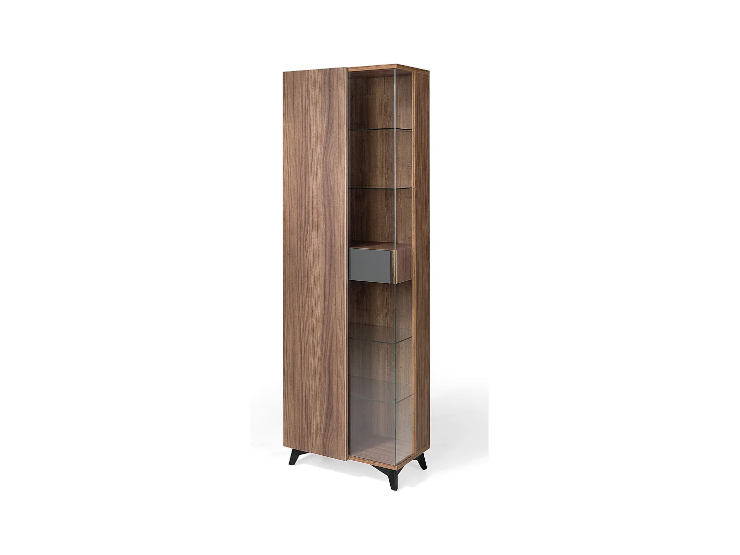 Vitrine 1 porte 1 tiroir en bois marron et anthracite avec des pieds acier noir Kalieto 120cm