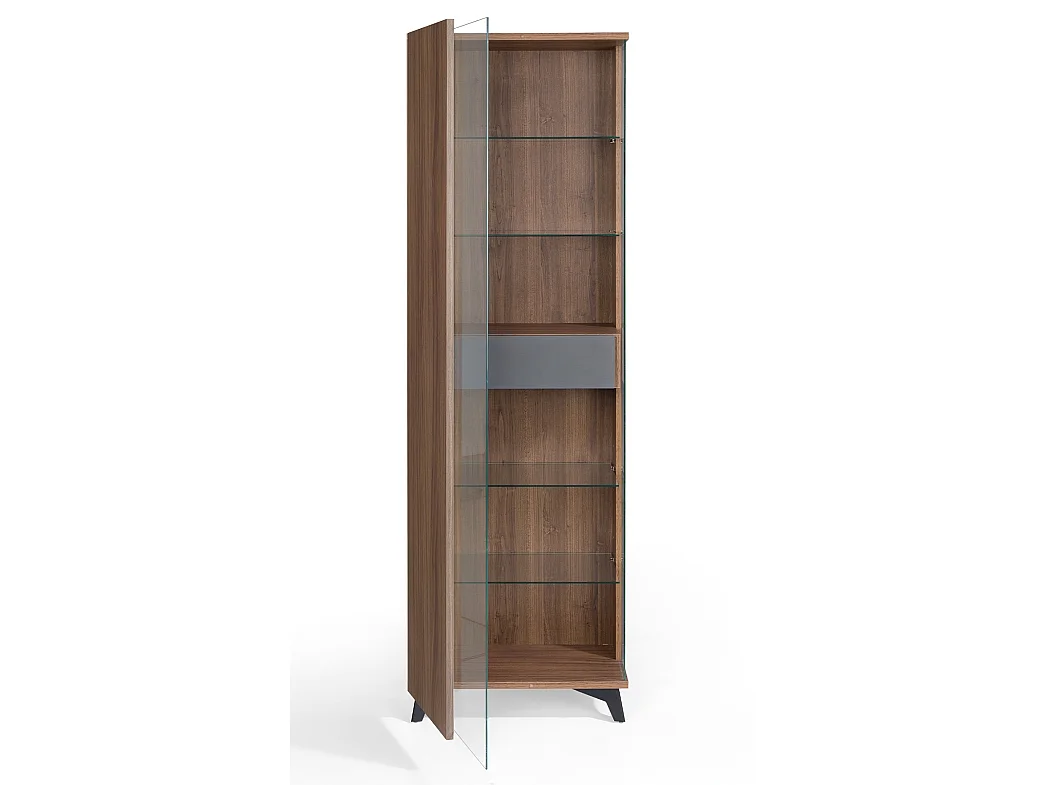 Vitrine 1 deur 1 lade in bruin en antraciet hout met zwarte stalen poten Kalieto 120 cm