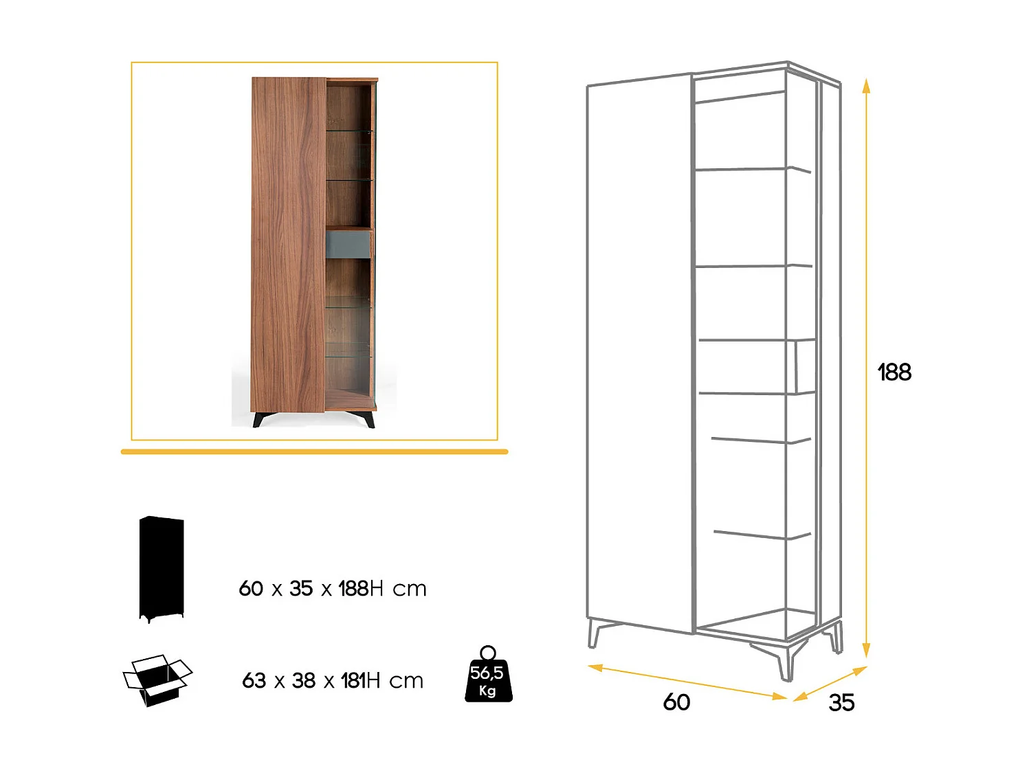 Vitrine 1 deur 1 lade in bruin en antraciet hout met zwarte stalen poten Kalieto 120 cm