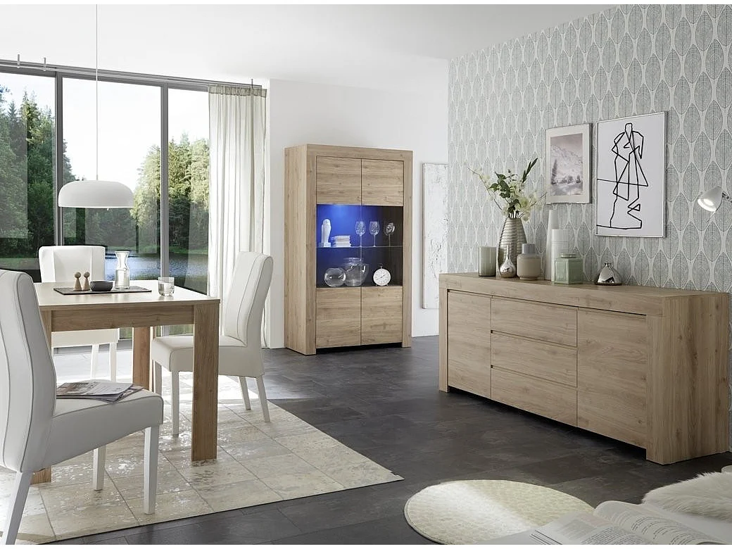 Vitrine à LED 2 portes bois mélaminé chêne clair Napan L 110cm