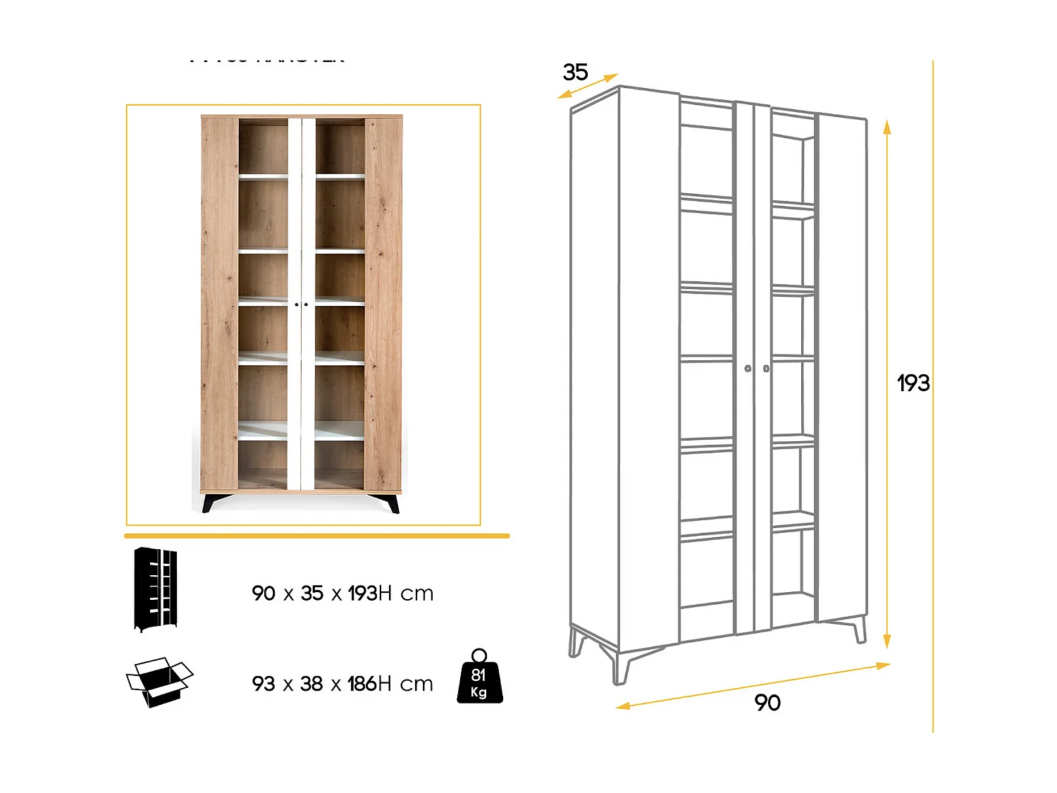 Vitrine 2 portes vitrées en bois chêne clair et bois blanc Lazeto 90cm